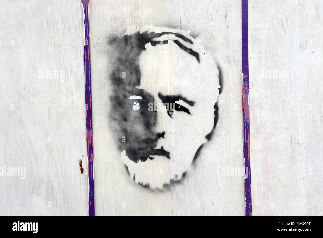 Graffiti of Corbyn's face appeared overnight on a wall in Bruce Grove, Tottenham. The area is in the borough of Haringey where Corbyn has many supporters. Haringey is next to Islington in north London. Corbyn used to be a councillor in Haringey in the 1980's. Stock Photo