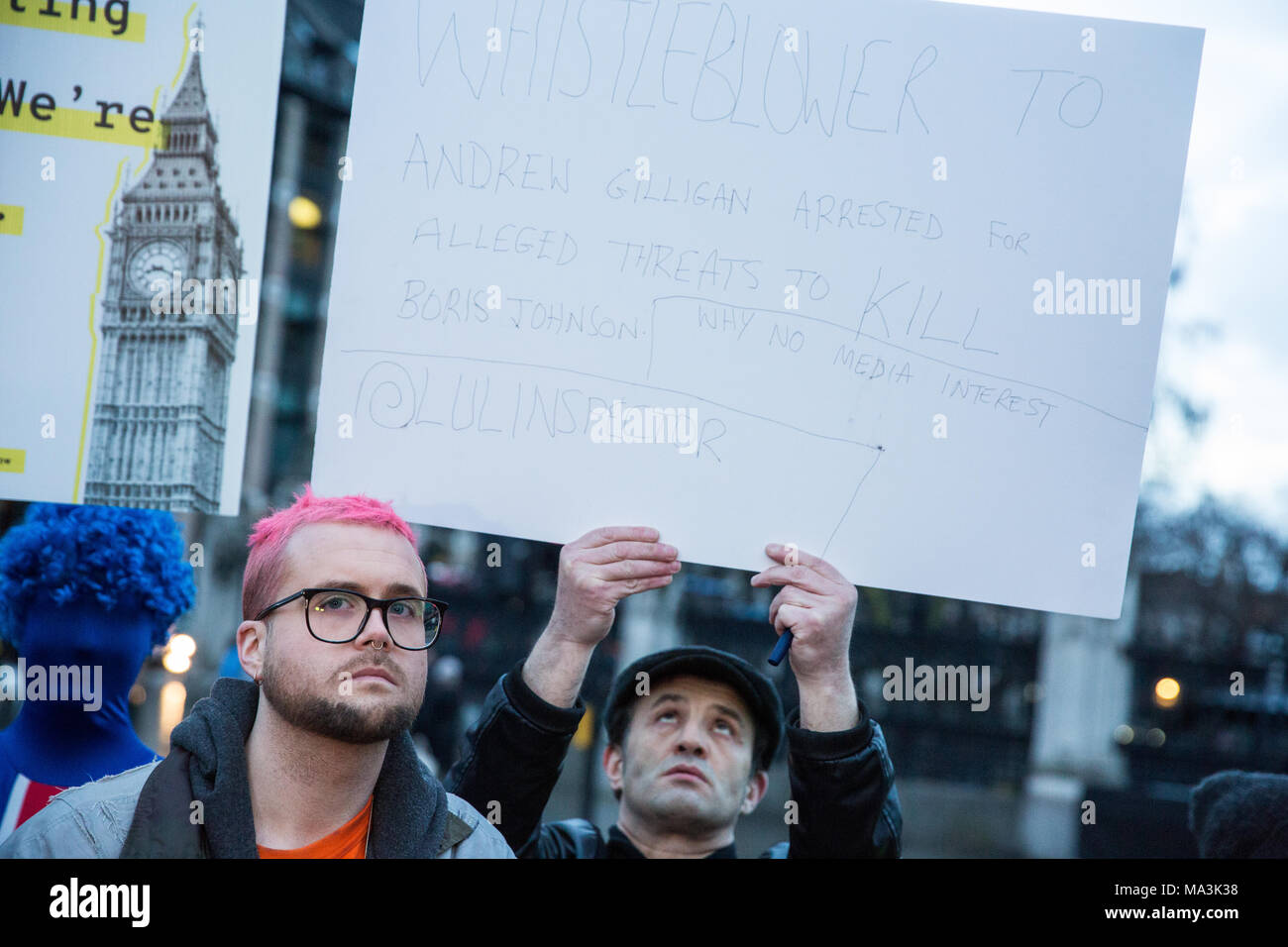 London, UK. 29th March, 2018. Cambridge Analytica whistleblower Christopher Wylie waits to address a rally in Parliament Square organised by the Fair Vote Project, which was set up to support whistleblowers like him and Shahmir Sanni and to ensure that evidence of unfair voting by either side in the referendum regarding the UK’s membership of the European Union is exposed. Credit: Mark Kerrison/Alamy Live News Stock Photo