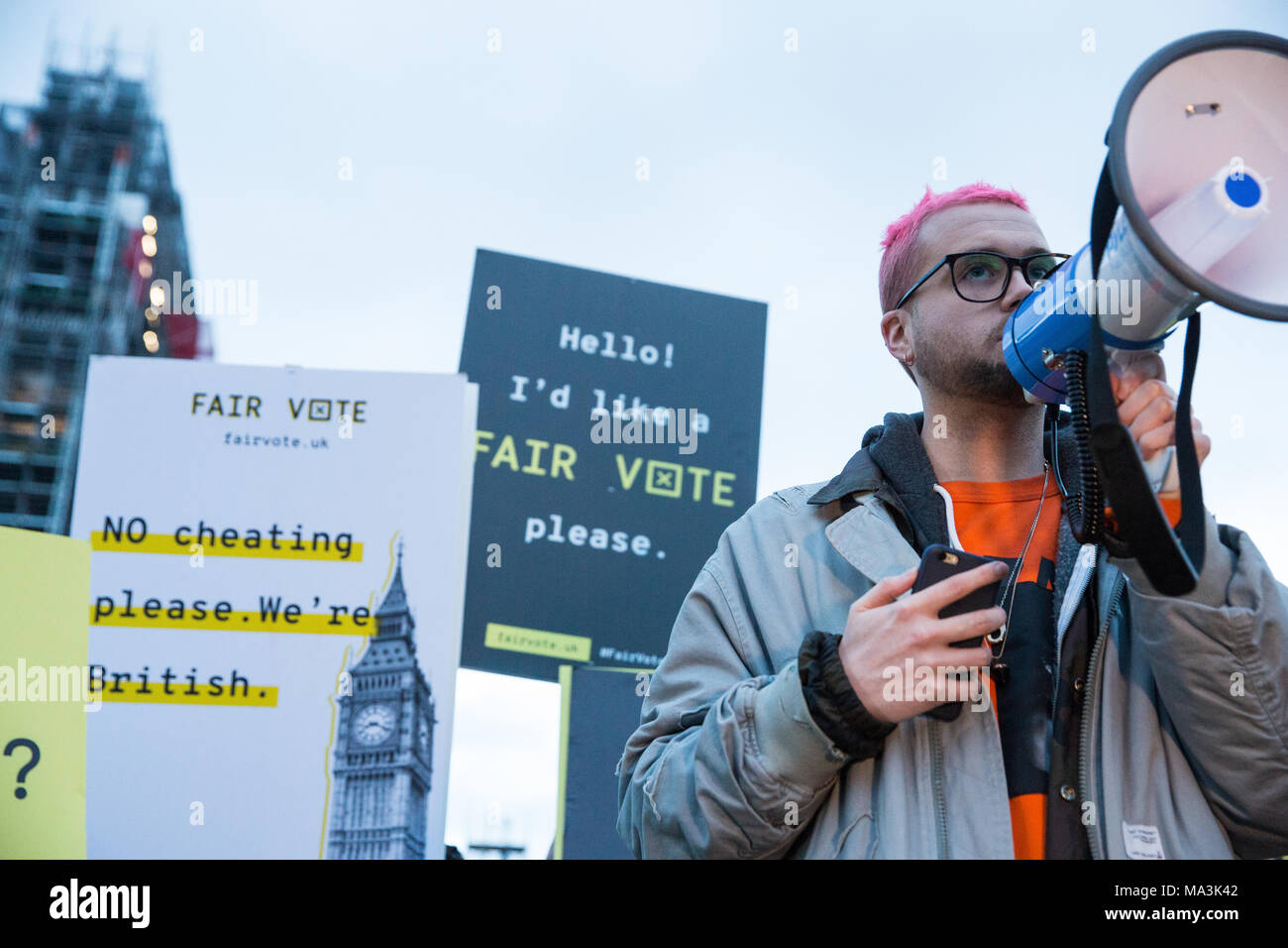 London, UK. 29th March, 2018. Cambridge Analytica whistleblower Christopher Wylie addresses a rally in Parliament Square organised by the Fair Vote Project, which was set up to support whistleblowers like him and Shahmir Sanni and to ensure that evidence of unfair voting by either side in the referendum regarding the UK’s membership of the European Union is exposed. Credit: Mark Kerrison/Alamy Live News Stock Photo