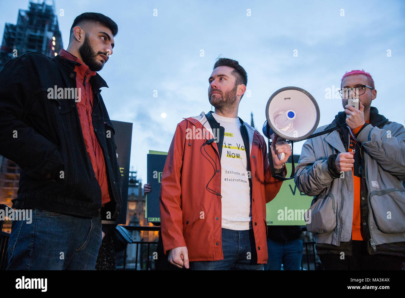 London, UK. 29th March, 2018. Cambridge Analytica whistleblower Christopher Wylie introduces Vote Leave whistleblower Shahmir Sanni at a rally in Parliament Square organised by the Fair Vote Project, which was set up to support whistleblowers like them and to ensure that evidence of unfair voting by either side in the referendum regarding the UK’s membership of the European Union is exposed. Credit: Mark Kerrison/Alamy Live News Stock Photo