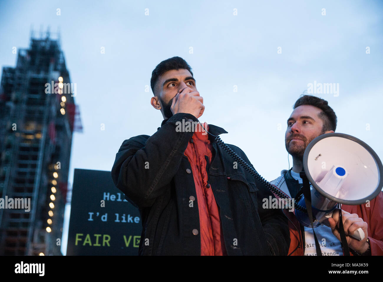London, UK. 29th March, 2018. Vote Leave whistleblower Shahmir Sanni addresses a rally in Parliament Square organised by the Fair Vote Project, which was set up to support whistleblowers like him and Christopher Wylie and to ensure that evidence of unfair voting by either side in the referendum regarding the UK’s membership of the European Union is exposed. Credit: Mark Kerrison/Alamy Live News Stock Photo