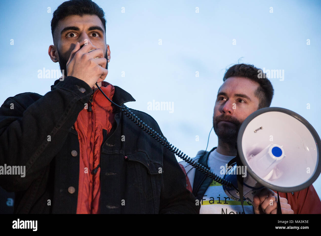 London, UK. 29th March, 2018. Vote Leave whistleblower Shahmir Sanni addresses a rally in Parliament Square organised by the Fair Vote Project, which was set up to support whistleblowers like him and Christopher Wylie and to ensure that evidence of unfair voting by either side in the referendum regarding the UK’s membership of the European Union is exposed. Credit: Mark Kerrison/Alamy Live News Stock Photo