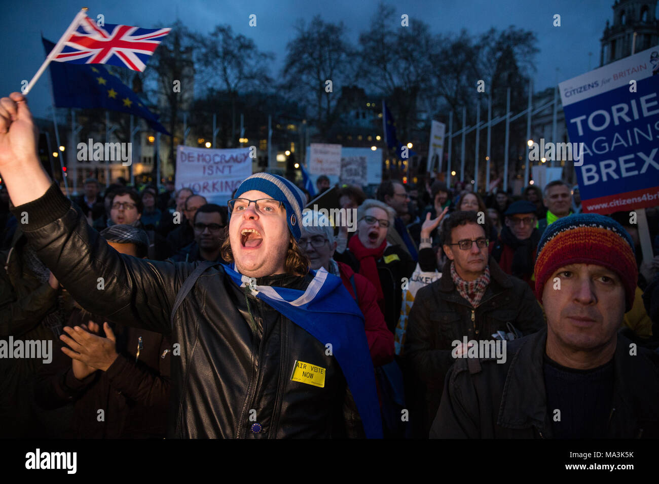 London, UK. 29th March, 2018. Supporters of the Fair Vote Project, set up to support whistleblowers Christopher Wylie and Shahmir Sanni and to ensure that evidence of unfair voting by either side in the referendum regarding the UK’s membership of the European Union is exposed, hold a rally in Parliament Square. Credit: Mark Kerrison/Alamy Live News Stock Photo