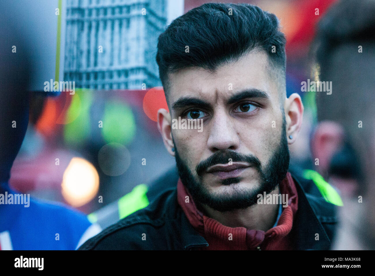 London, UK. 29th March, 2018. Vote Leave whistleblower Shahmir Sanni waits to address a rally in Parliament Square organised by the Fair Vote Project, which was set up to support whistleblowers like him and Shahmir Sanni and to ensure that evidence of unfair voting by either side in the referendum regarding the UK’s membership of the European Union is exposed. Credit: Mark Kerrison/Alamy Live News Stock Photo
