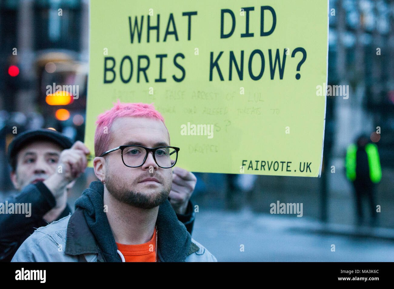London, UK. 29th March, 2018. Cambridge Analytica whistleblower Christopher Wylie waits to address a rally in Parliament Square organised by the Fair Vote Project, which was set up to support whistleblowers like him and Shahmir Sanni and to ensure that evidence of unfair voting by either side in the referendum regarding the UK’s membership of the European Union is exposed. Credit: Mark Kerrison/Alamy Live News Stock Photo