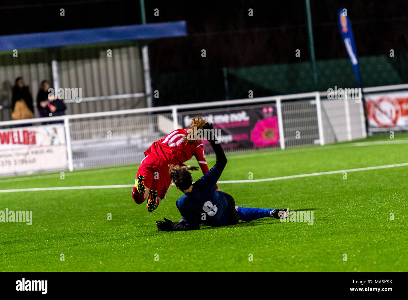 Aveley Essex, 29th March 2018, BBC Essex Women's Cup final, Brentwood Town Ladies, in blue,  (0) Vs C&K Basildon  (7) in red Credit Ian Davidson Alamy Live News Stock Photo