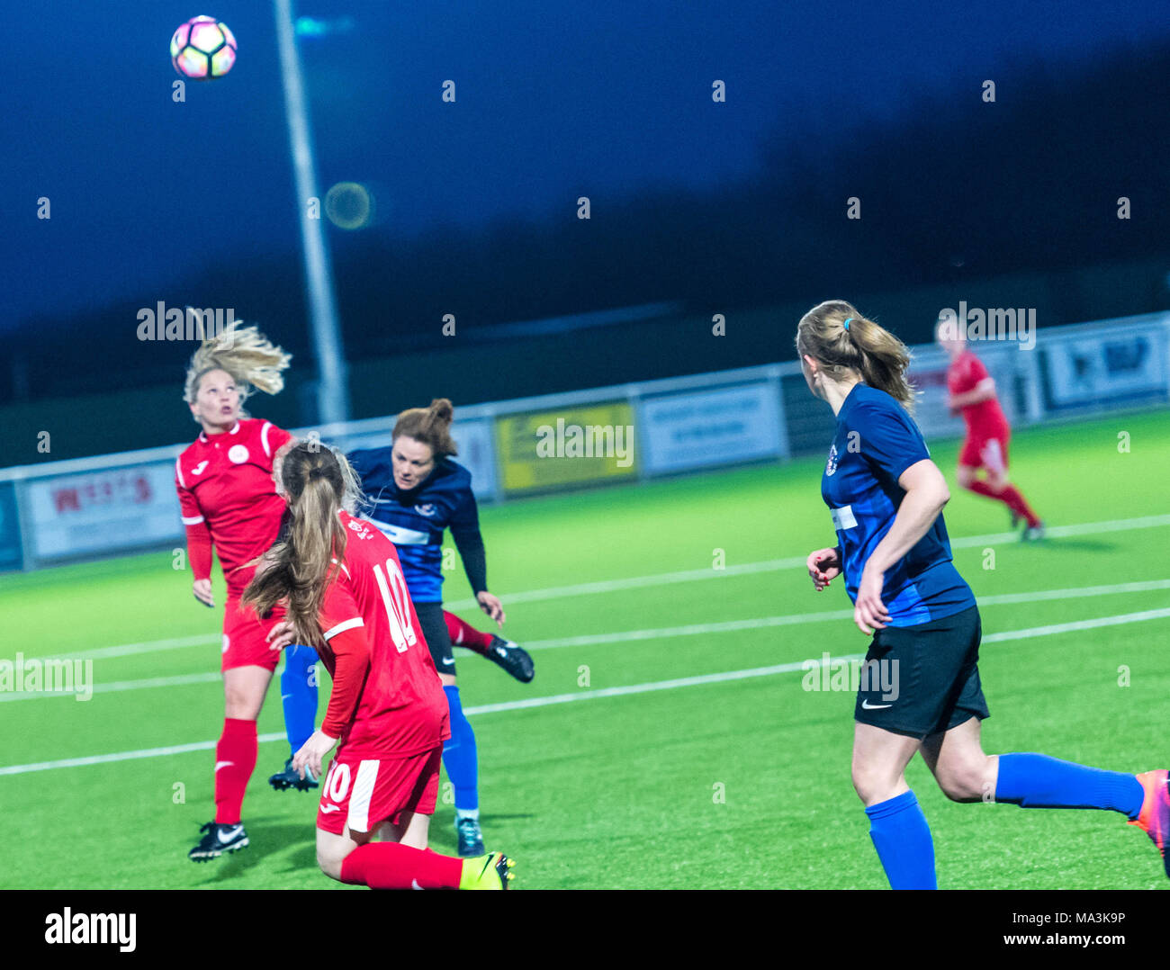 Aveley Essex, 29th March 2018, BBC Essex Women's Cup final, Brentwood Town Ladies, in blue,  (0) Vs C&K Basildon  (7) in red Credit Ian Davidson Alamy Live News Stock Photo