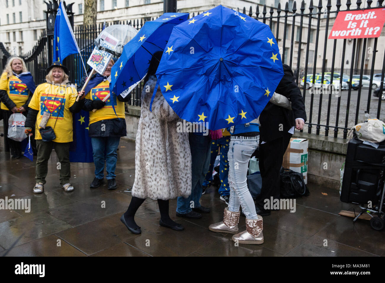 London, UK. 29th March, 2018. Pro-EU activists protest opposite Downing Street to mark the first anniversary of the triggering of Article 50 and a year before the UK’s exit from the European Union, or Brexit, is scheduled to take place. Protesters dressed as ‘EU super heroes’ and ‘Brexit villains’. Credit: Mark Kerrison/Alamy Live News Stock Photo