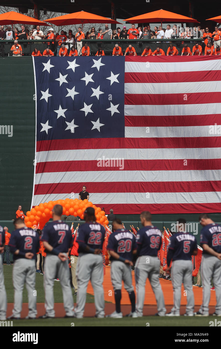 Richard Troxell of Thurmont, MD performs the ''The Star-Spangled Banner'' before the opening day game between the Minnesota Twins and Baltimore Orioles at Oriole Park at Camden Yards in Baltimore, MD on March 29, 2018. Baltimore would go on to win 3-2 in extra innings. Photo/ Mike Buscher/Cal Sport Media Stock Photo