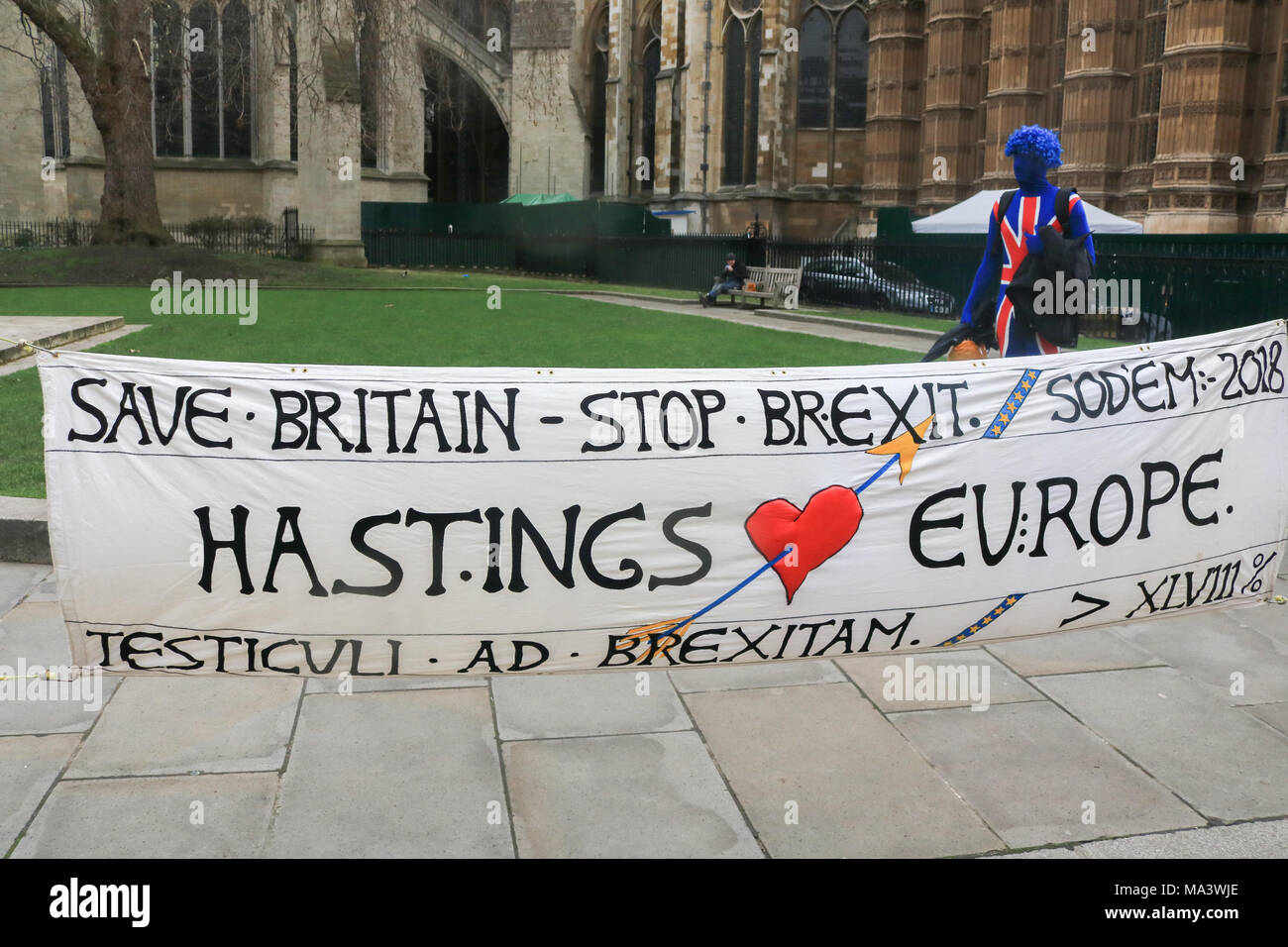 London, UK. 29th March 2018. Pro Europe protesters SODEM continue to campaign outsode Parliament to Stop Brexit  on the first anniversary of Article 50  with one year left until  Britain leaves the European Union Credit: amer ghazzal/Alamy Live News Stock Photo