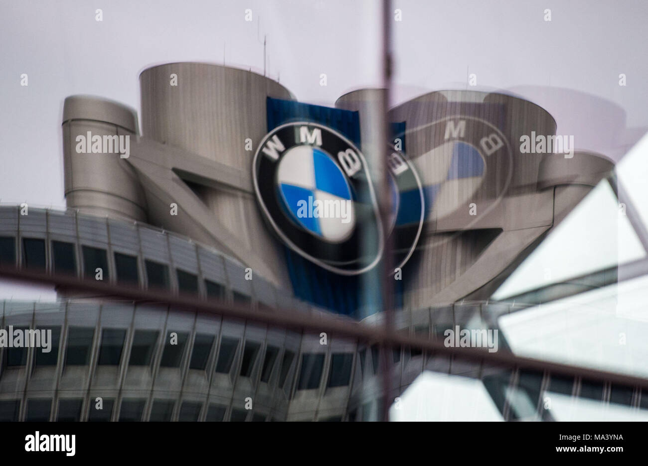 21 March 2018, Germany, Munich Car company BMW's logo looms large on