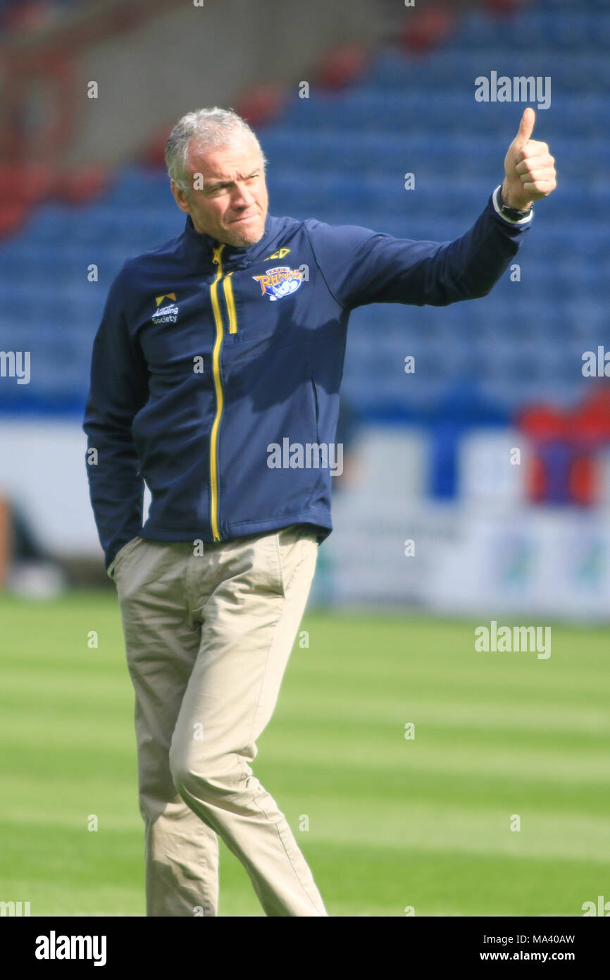 Huddersfield, UK. 30th March, 2018. 30th March 2018 , John Smiths Stadium, Huddersfield, England; Betfred Super League rugby, Round 8 Huddersfield Giants v Leeds Rhinos;  Brian McDermott head coach of Leeds Rhinos looking relaxed before they face Huddersfield Giants Credit: News Images/Alamy Live News Stock Photo
