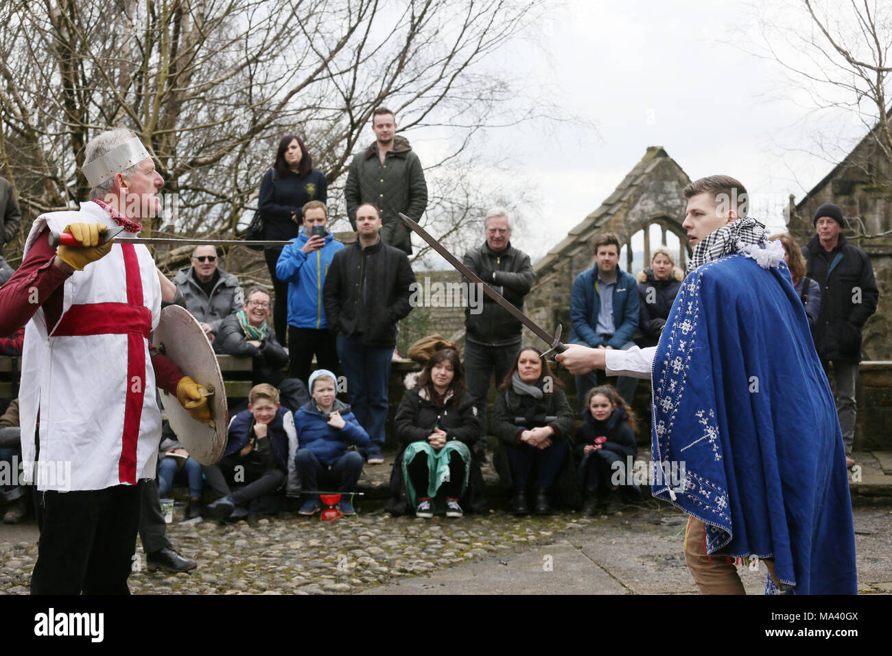 Heptonstall, UK. 30th March, 2018. The Heptonstall Players entertain with the annual traditional Pace Egg Play taking place throughout Good Friday in the historical village of Heptonstall, 30th March, 2018 (C)Barbara Cook/Alamy Live News Stock Photo