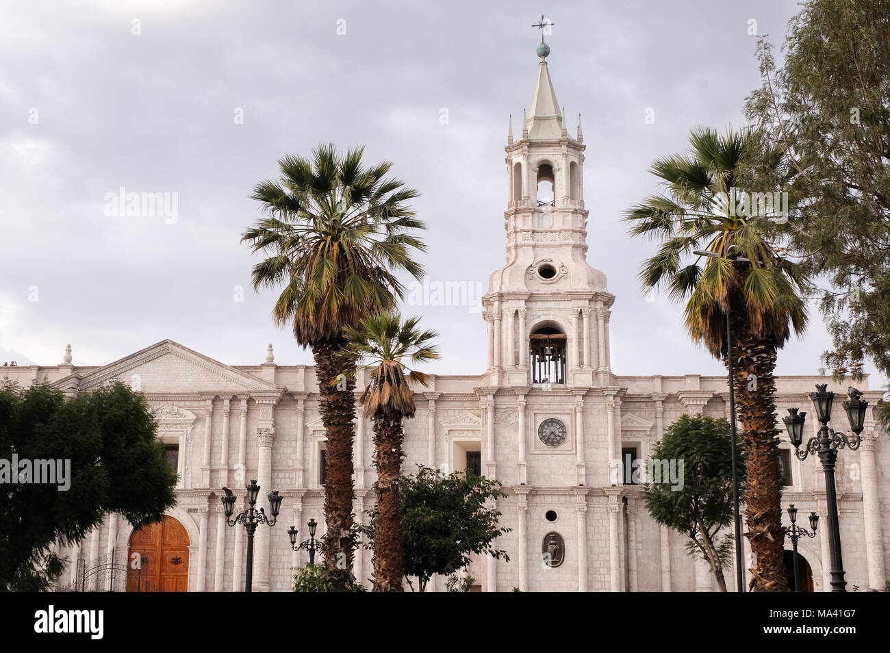 The Basilica Cathedral, a popular landmark at the plaza of Arequipa, Peru Stock Photo