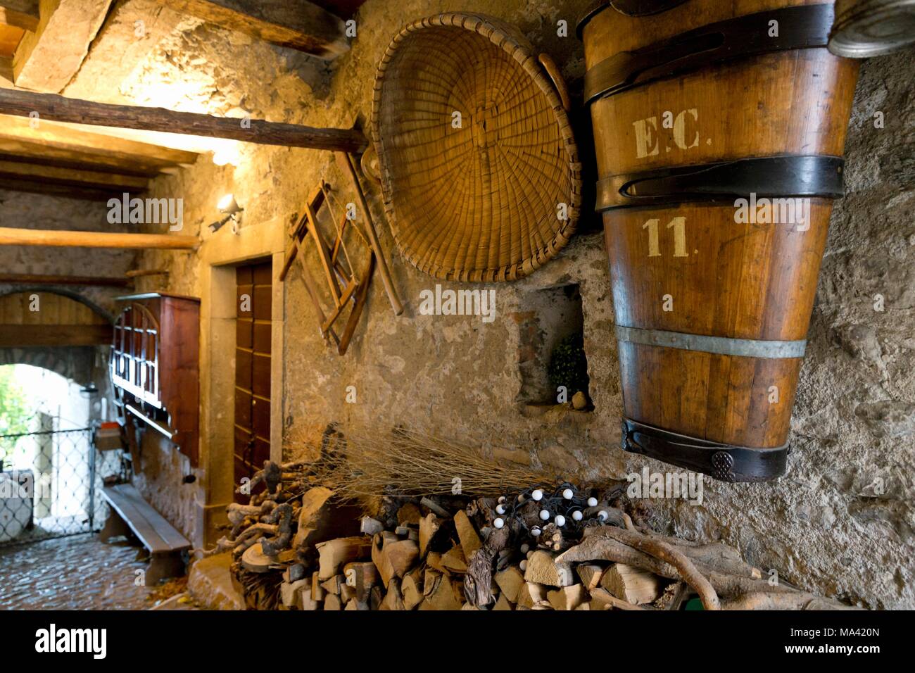 Wine-growing Saint-Saphorin, old tools for harvesting grapes being used as decorations, Switzerland Stock Photo