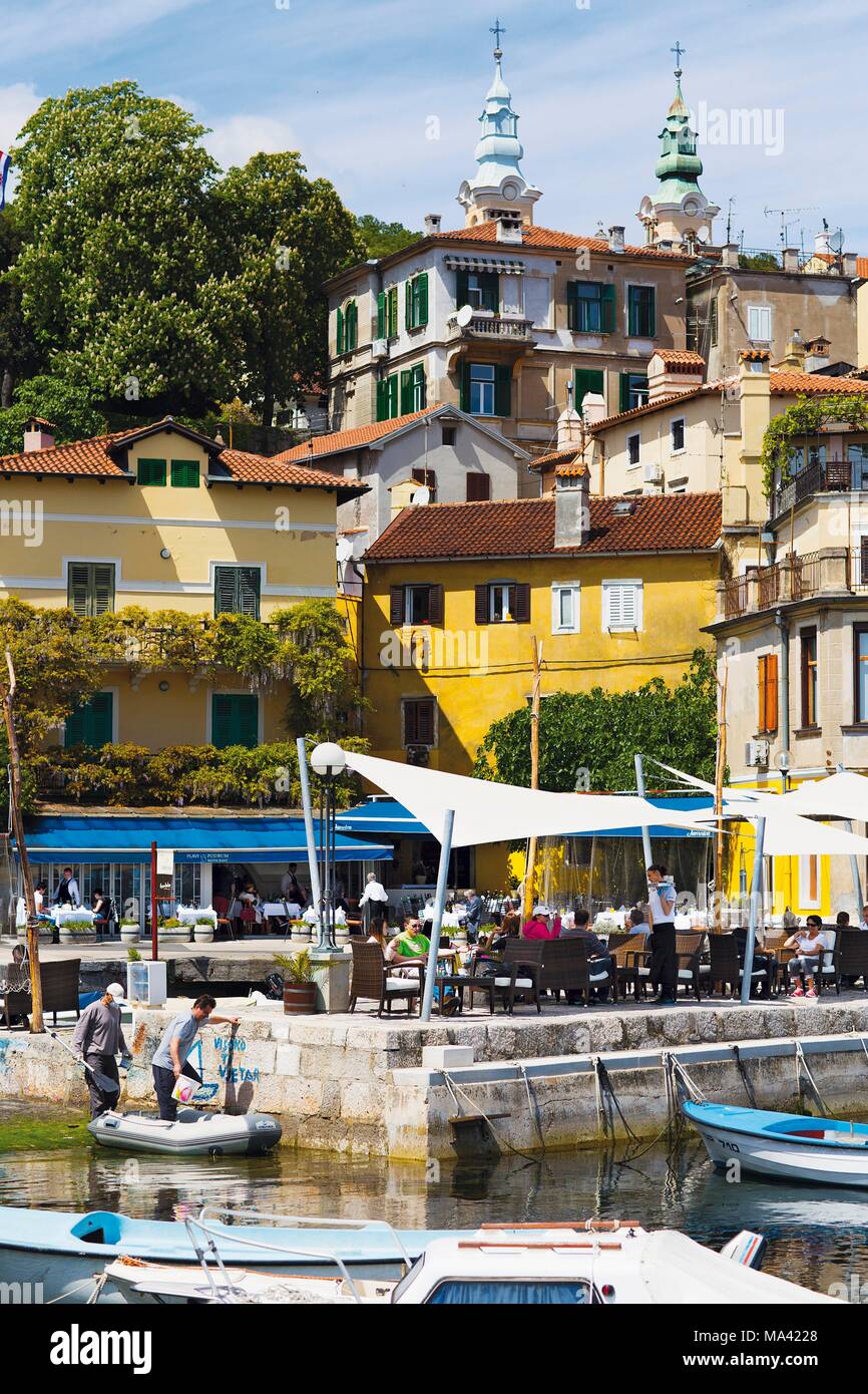 The harbour at Volosko with the Kontiki bar, Istrian, Croatia Stock Photo