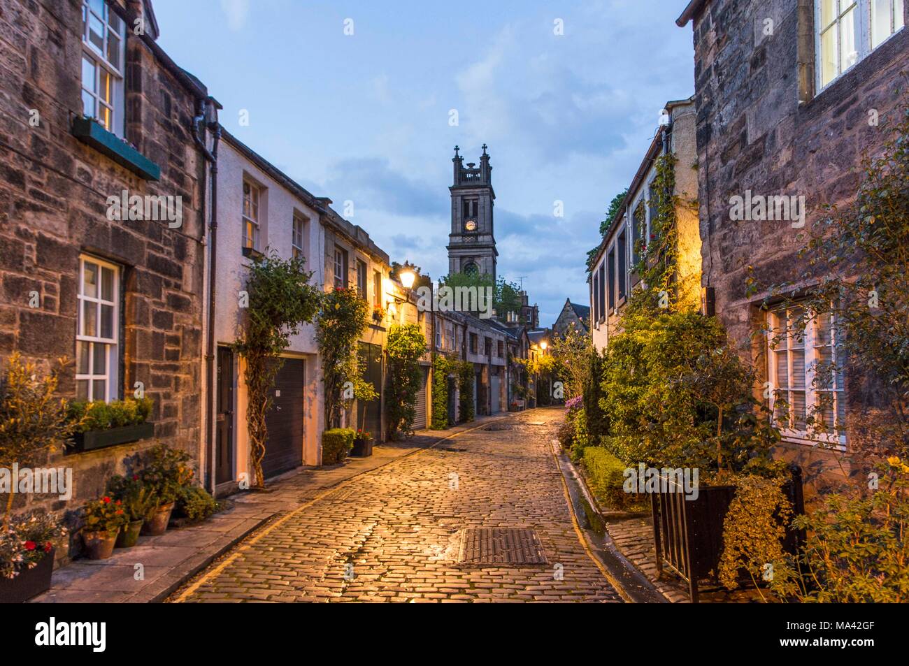Circus Lane in Stockbridge with St. Stephen's Church in Edinburgh