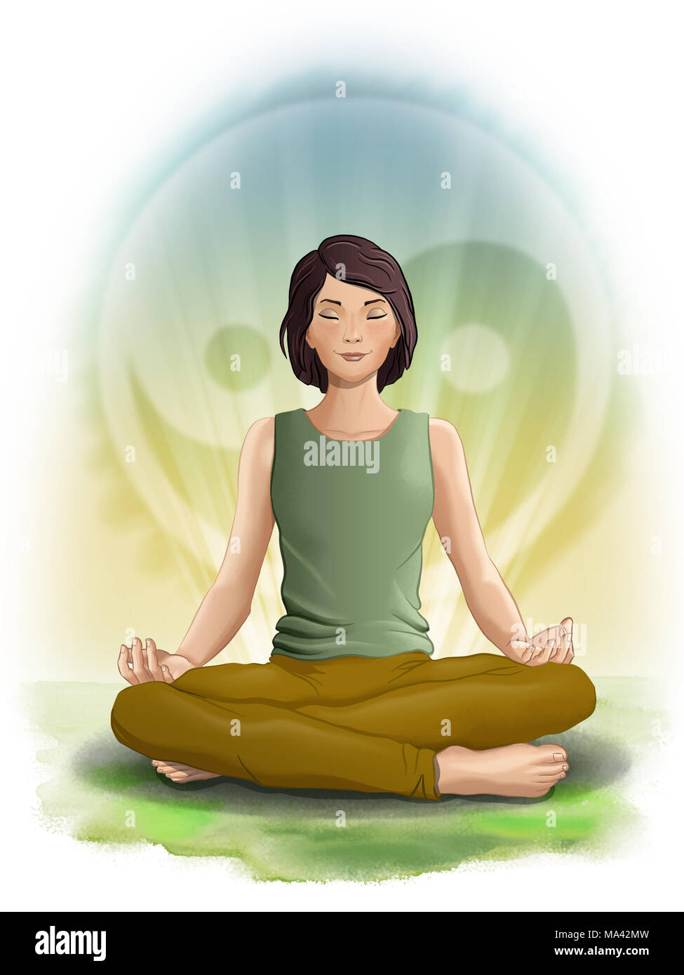Girl meditating over a taijitu symbol. Digital illustration. Stock Photo