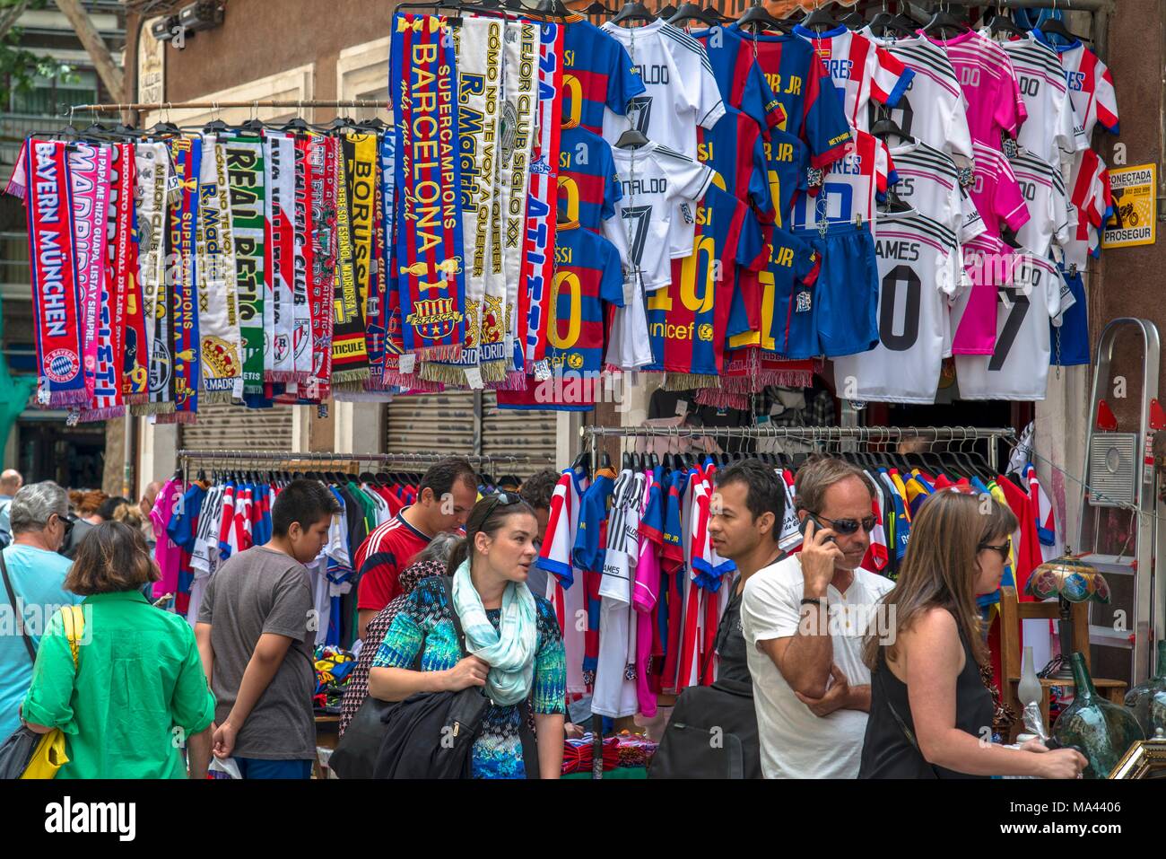 Football merchandise on the El Rastro flea market in Madrid, Spain Stock Photo Alamy