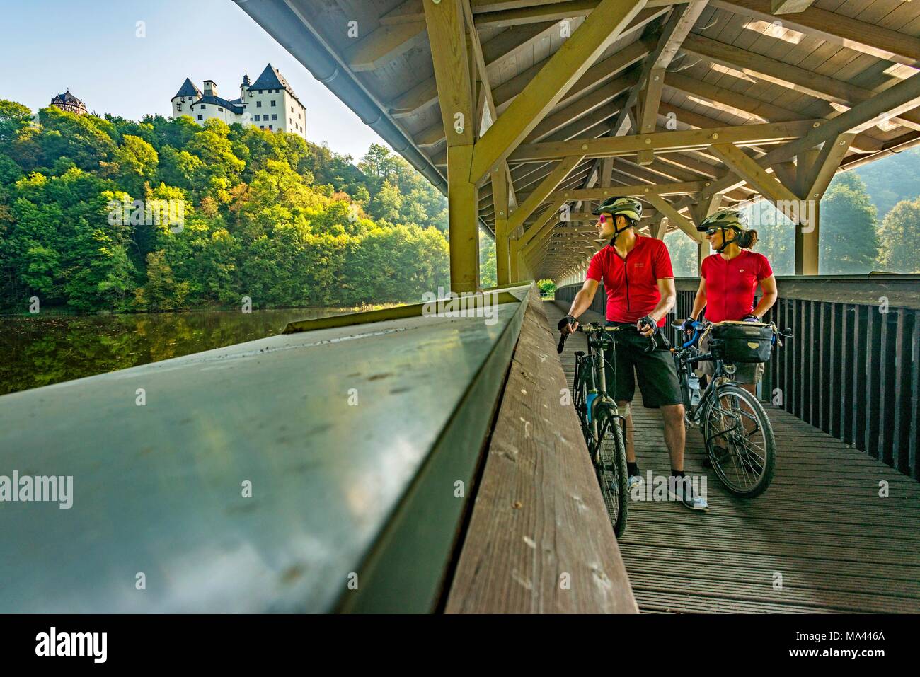 A cycling tour on the Saale Cycle Trail and Burgk Castle in the Vogtland region of Thuringia, Germany Stock Photo