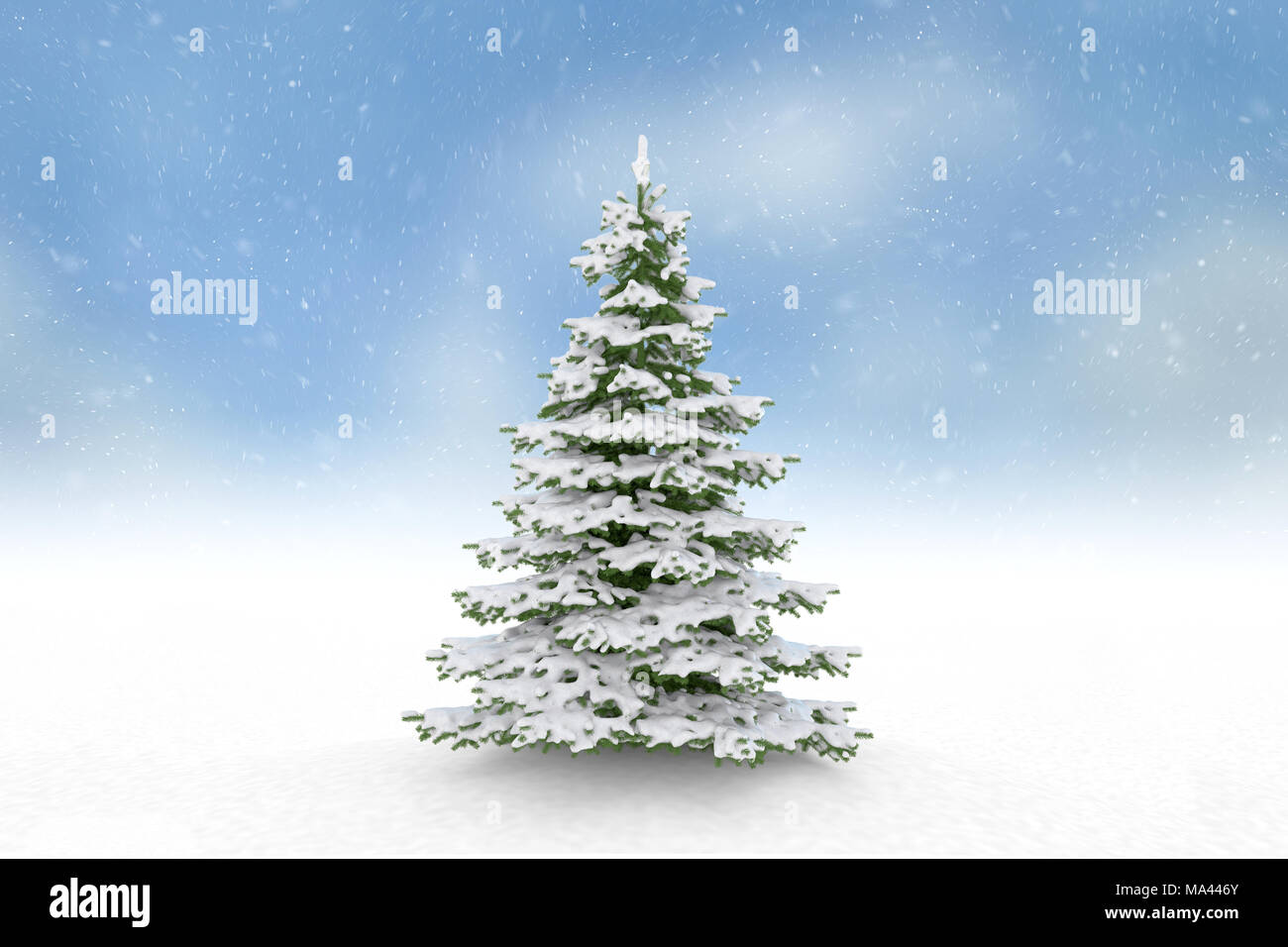 Christmas tree and falling snow blue sky background Stock Photo - Alamy