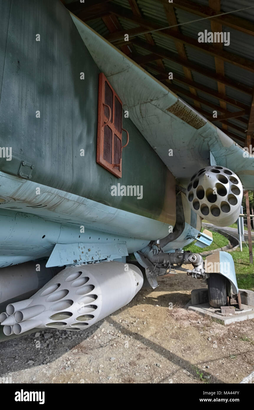 View of the rocket pods of the MiG-23 Stock Photo