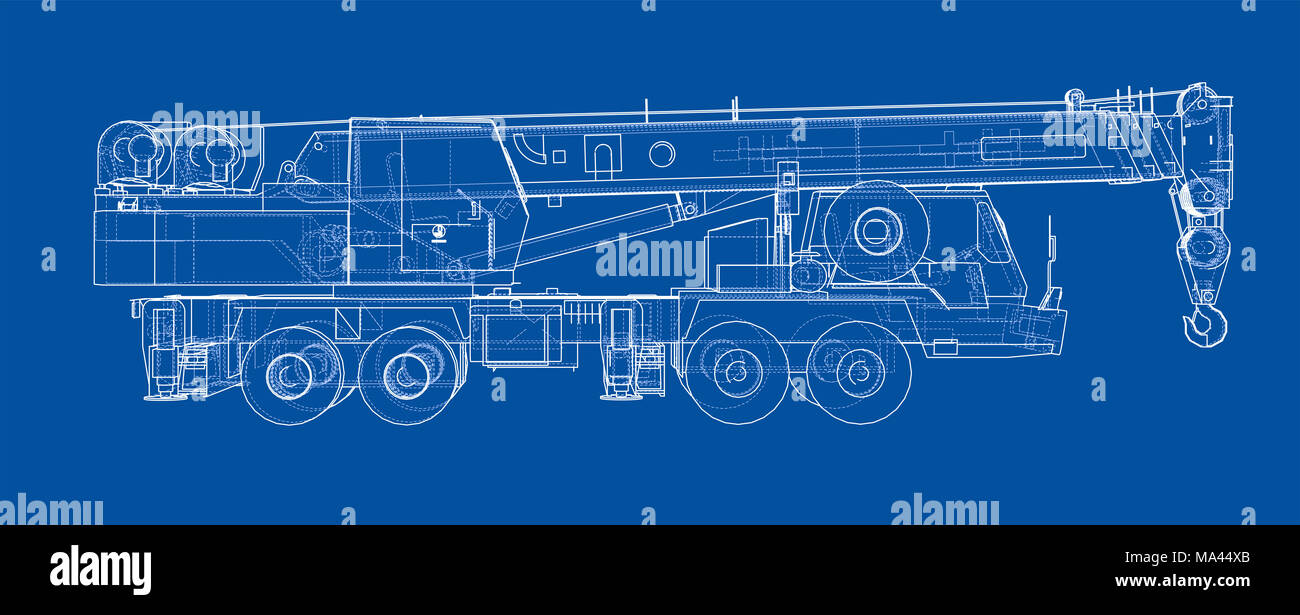 Mobile crane blueprint. 3d illustration. Wireframe style Stock Photo