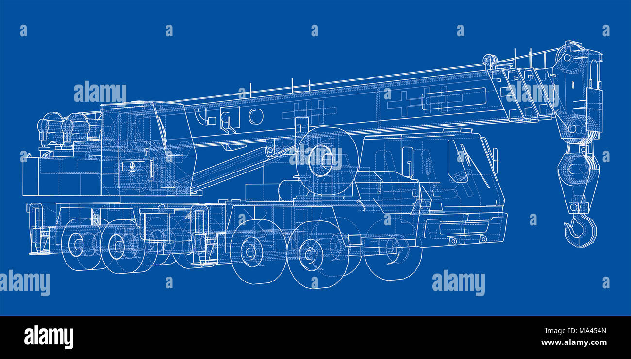 Mobile crane blueprint. 3d illustration. Wireframe style Stock Photo