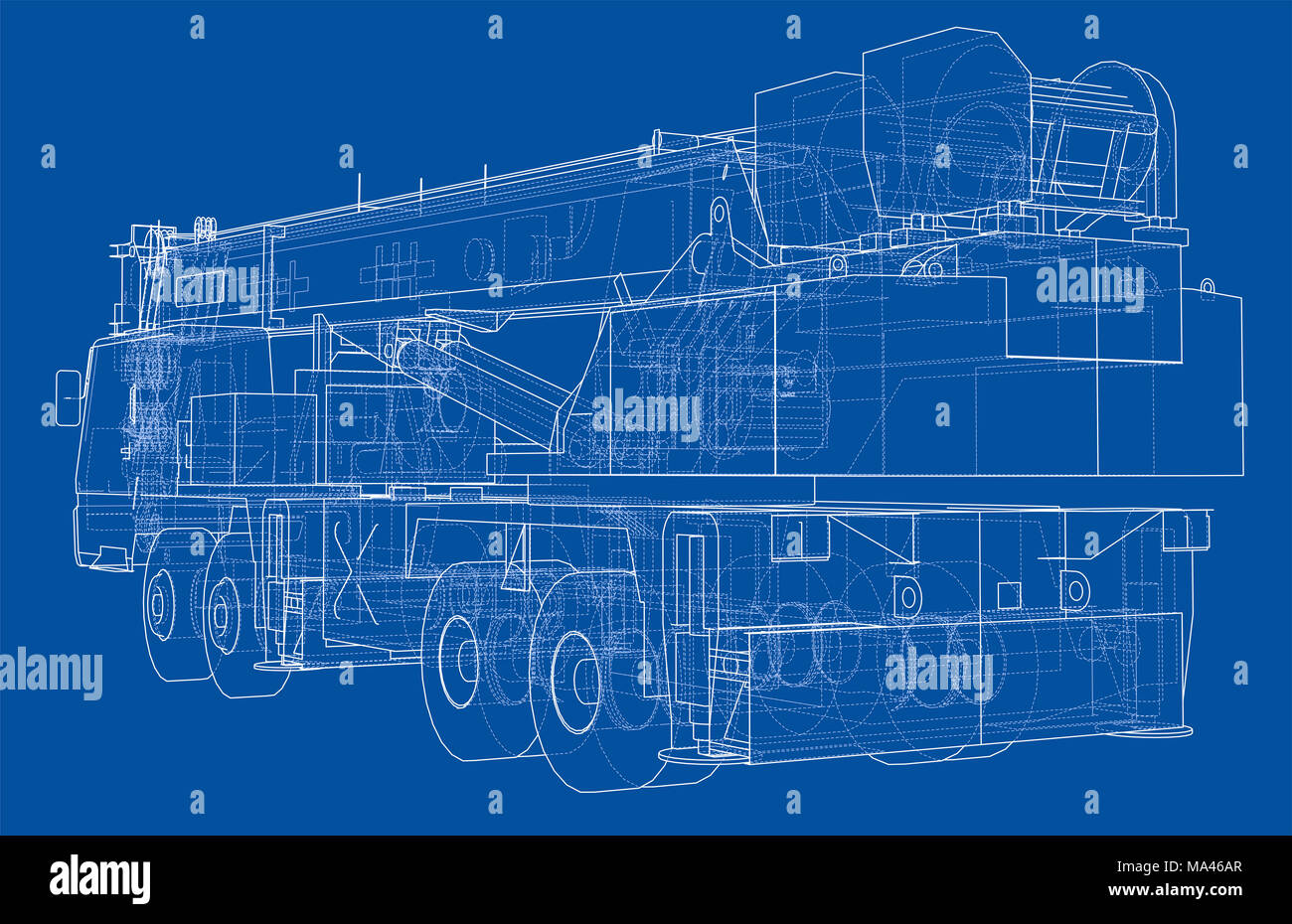 Mobile crane blueprint. 3d illustration. Wireframe style Stock Photo