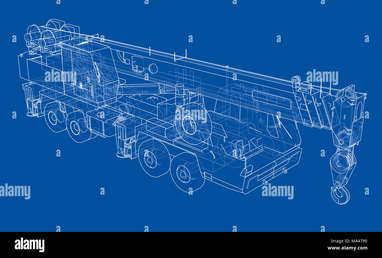 Mobile crane blueprint. 3d illustration. Wireframe style Stock Photo