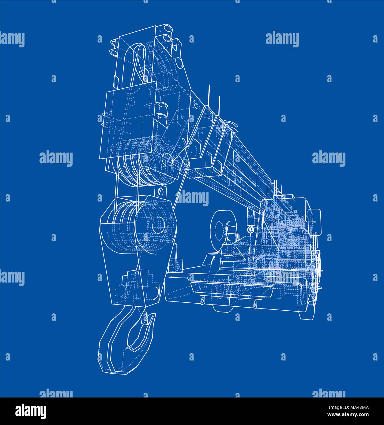 Mobile crane blueprint. 3d illustration. Wireframe style Stock Photo