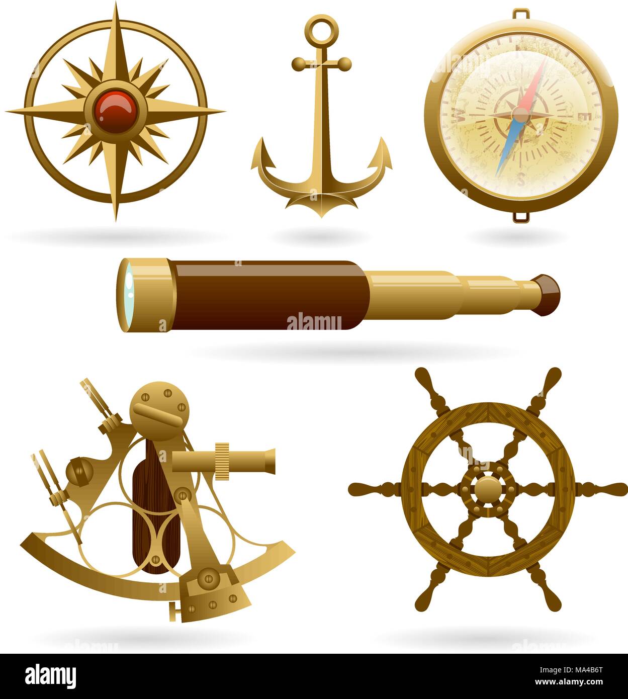 Vector marine navigation icon set isolated on white background. Windrose, anchor, compass and other objects Stock Vector