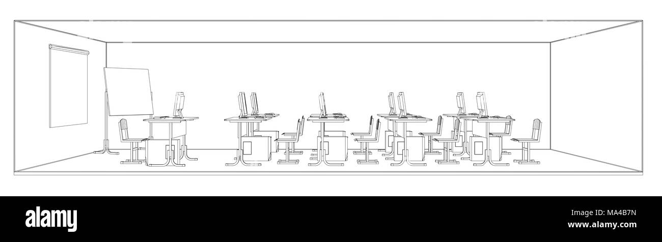 Computer class with tables and computers. 3d illustration Stock Photo ...