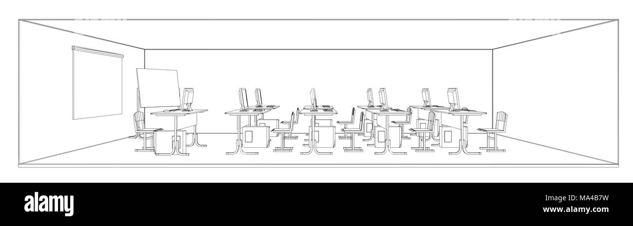 Computer class with tables and computers. 3d illustration Stock Photo ...