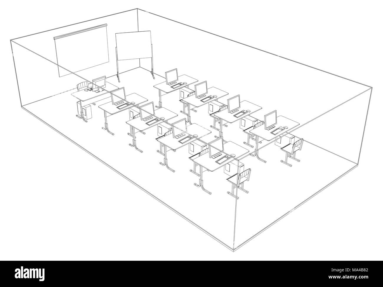Computer class with tables and computers. 3d illustration Stock Photo ...