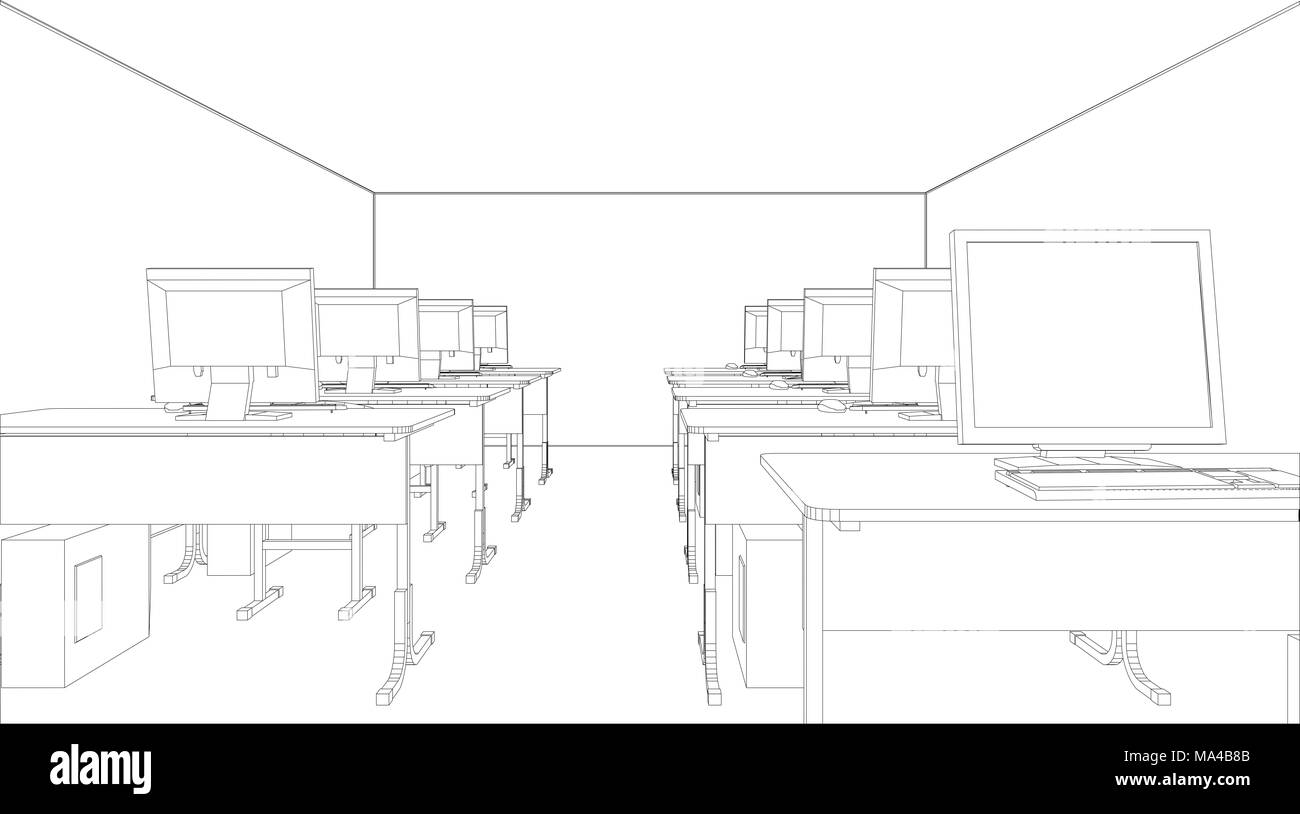 Computer class with tables and computers. 3d illustration Stock Photo ...