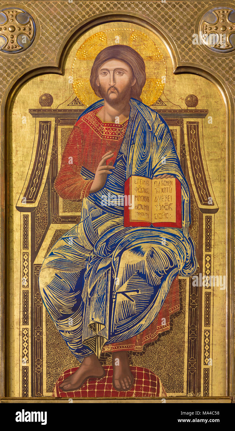 ZARAGOZA, SPAIN - MARCH 1, 2018:  The icon Jesus Christ the teacher on the main altar in church Iglesia del Perpetuo Socorro by pater Jesus Faus (1953 Stock Photo