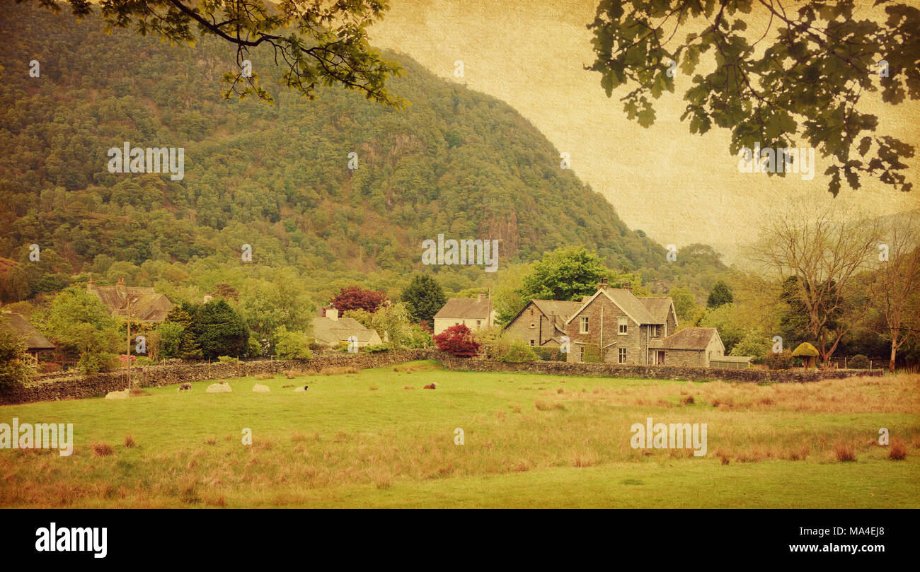 Village in Lake District, Cumbria. UK.  Photo in retro style. Added paper texture. Stock Photo