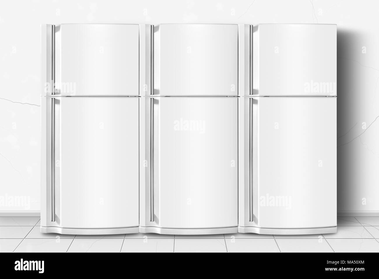 Major appliance - Three refrigerator in front on a white wall background Stock Photo