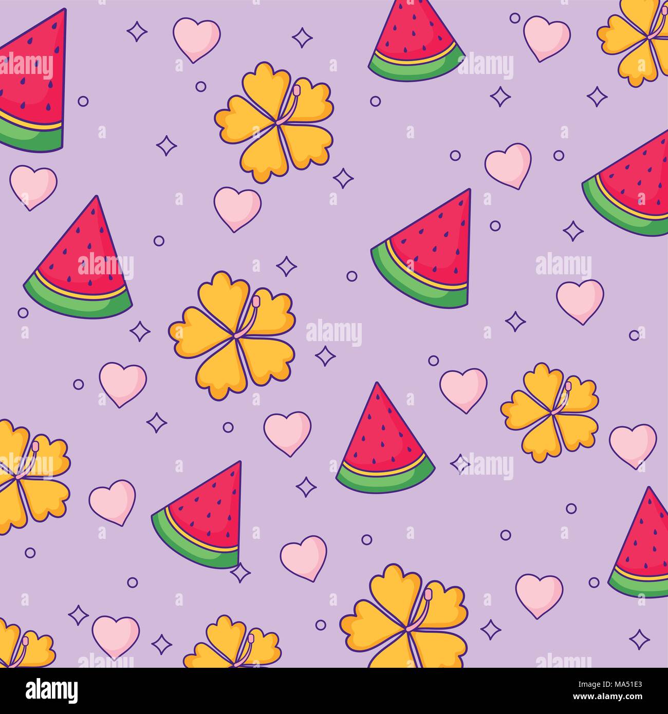 watermelons and tropical flowers background, colorful design. vector ...