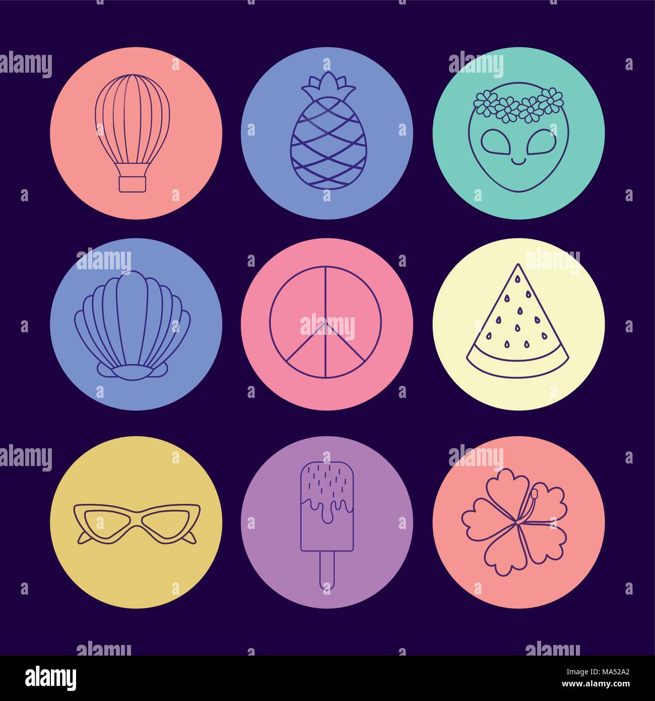 icon set of hot air balloon and cute concept over colorful circles and ...