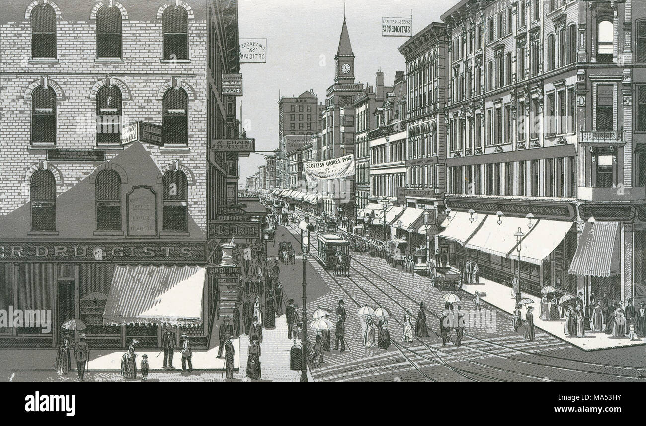 Antique c1885 monochromatic print from a souvenir album, showing West Madison Street from State Street in Chicago, Illinois. Printed with the Glaser/Frey lithographic process, a multi-stone lithographic process developed in Germany. Stock Photo