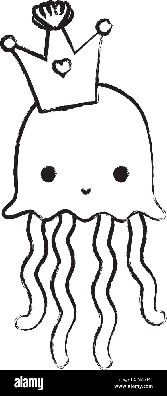 grunge cute jellyfish marine animal with crown vector illustration Stock Vector