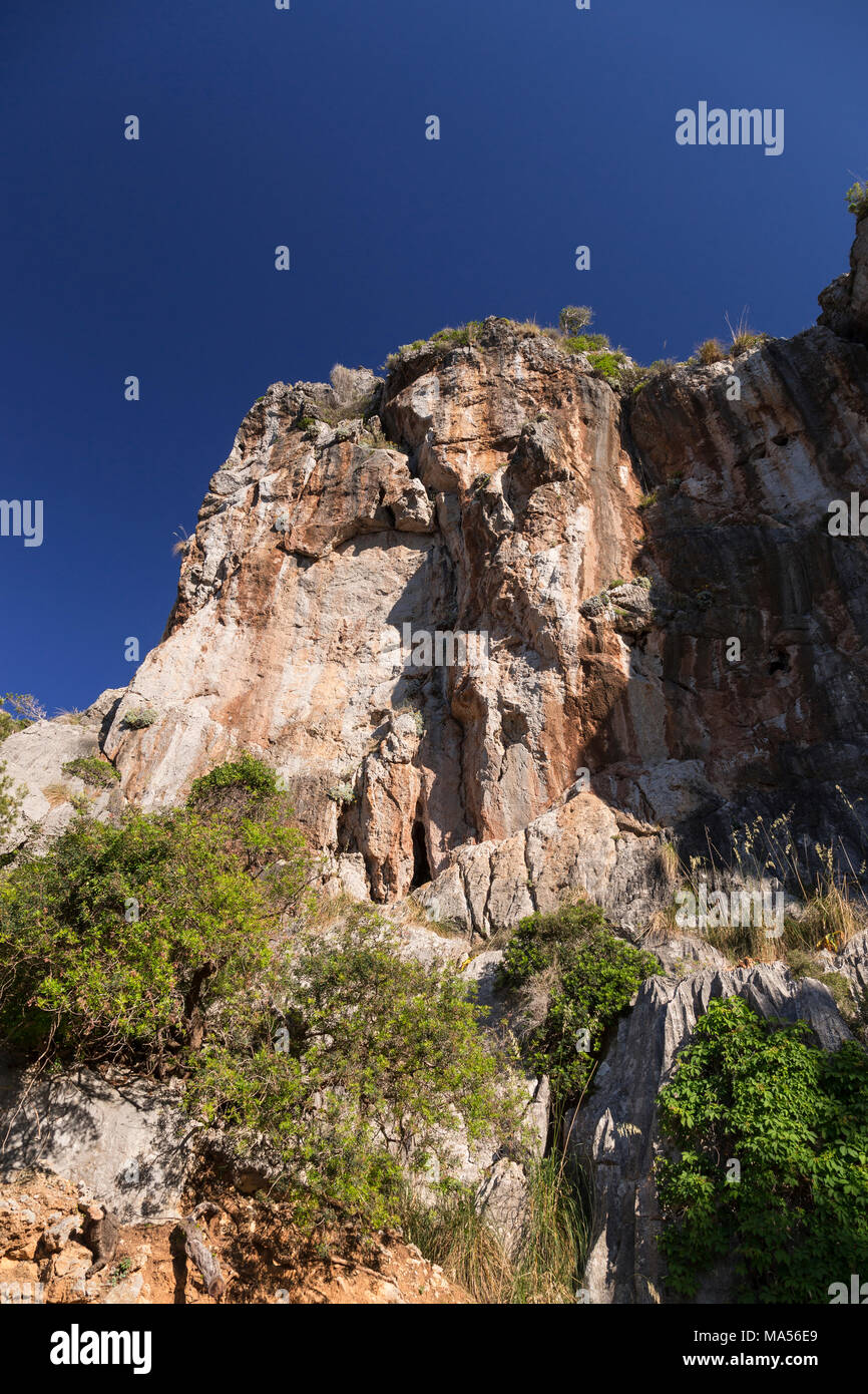 Limestone cliffs at sa Calobra on the Mediterranean coast of Mallorca Stock Photo