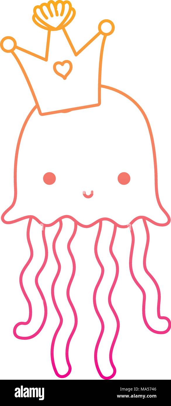 degraded line cute jellyfish marine animal with crown vector illustration Stock Vector
