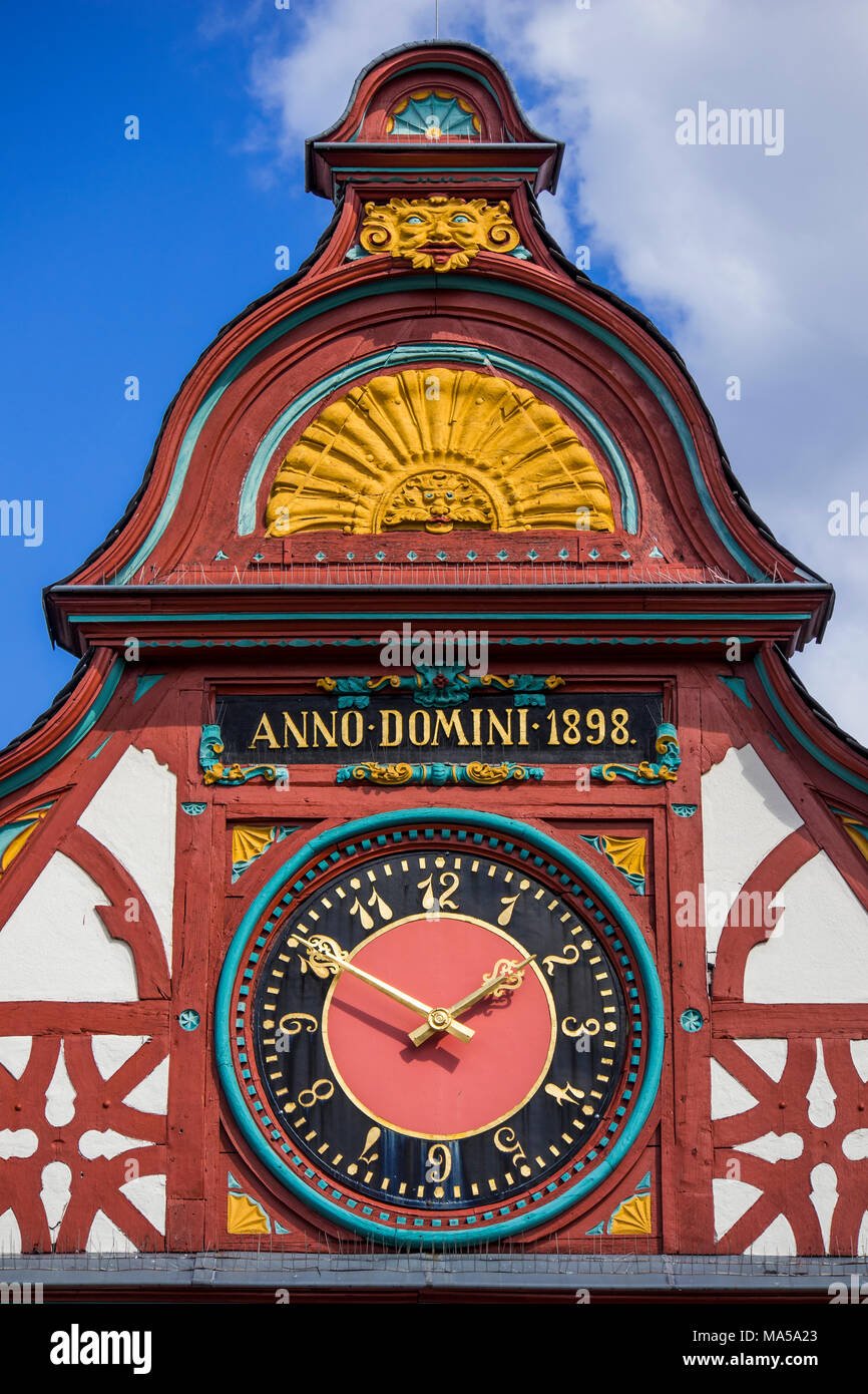 Clock gable of New City Hall of Limburg an der Lahn, Germany, architecture from late Historicism era Stock Photo