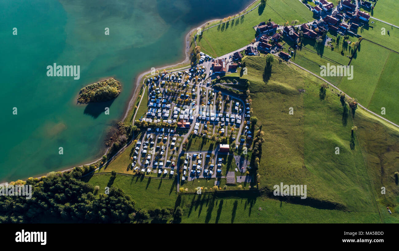 Camping 'Brunnen' on Lake Forggensee, aerial view Stock Photo - Alamy