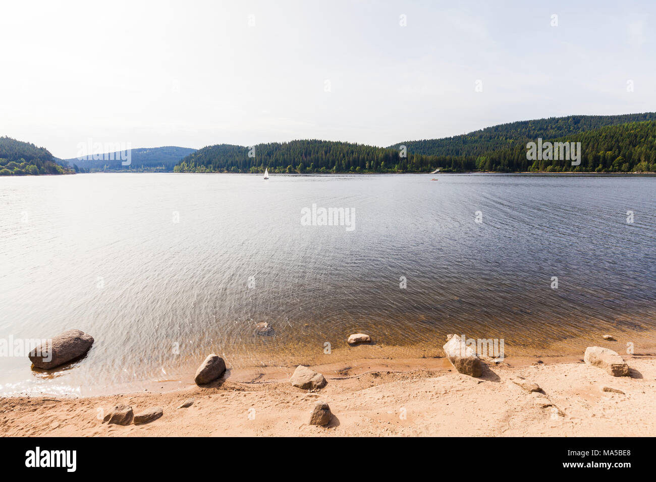 Germany, Baden-Wuerttemberg, Black Forest, Black Forest, Schluchsee, shore, beach, sailboat Stock Photo