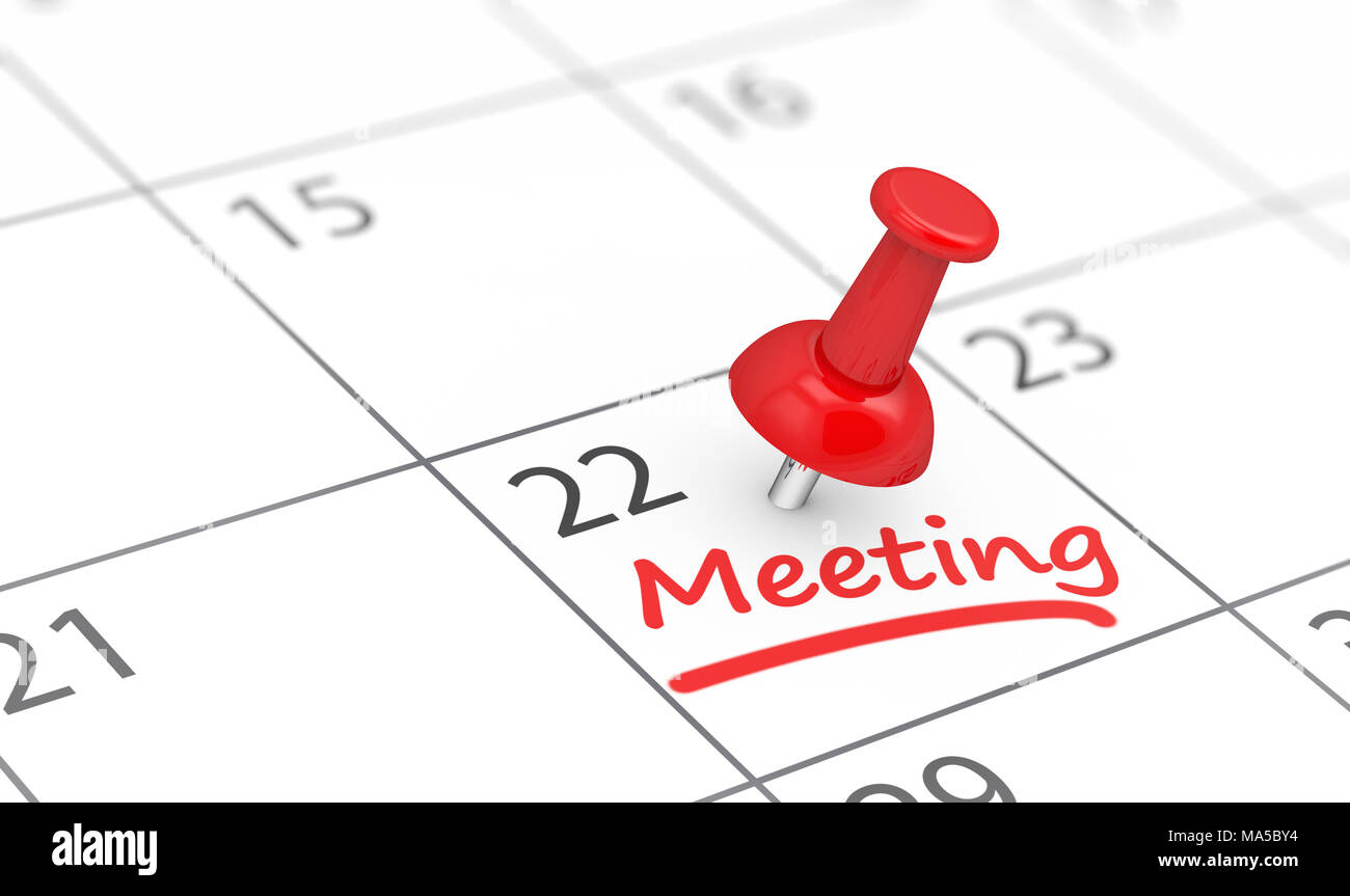 Business meeting reminder concept with a red thumbtack and meeting sign on a calendar page 3D illustration. Stock Photo