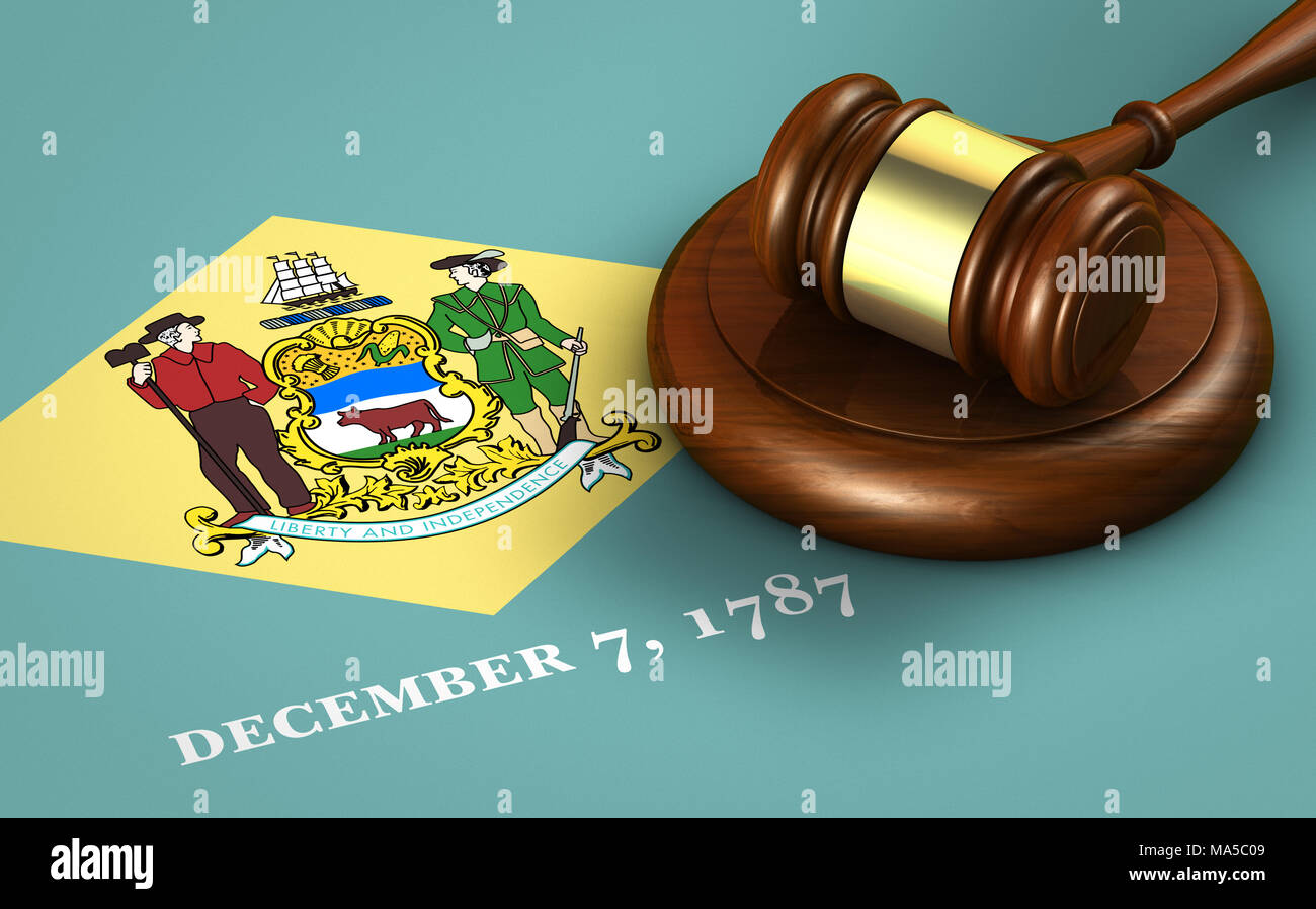 Delaware US state law, legal system and justice concept with a 3d rendering of a gavel on the Delawarean flag on background. Stock Photo